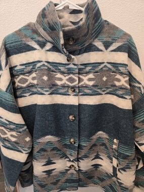 Aztec Print Button-Front Coatigan in Teal & Cream